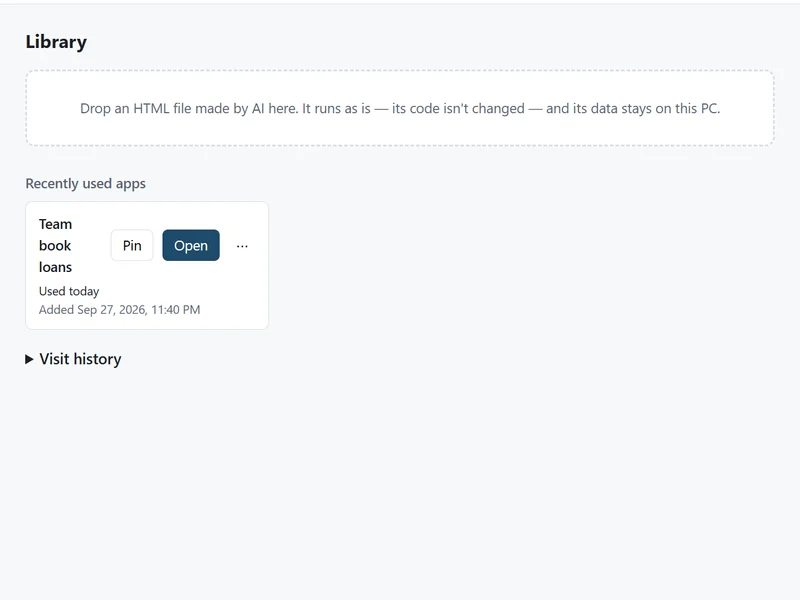 The Bohm Library with a drop area for HTML files and one added app